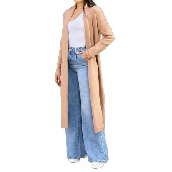 NEW A.C.G. LOS ANGELES clover fine knit midi cardi cardigan with pockets in beig - Picture 1 of 3